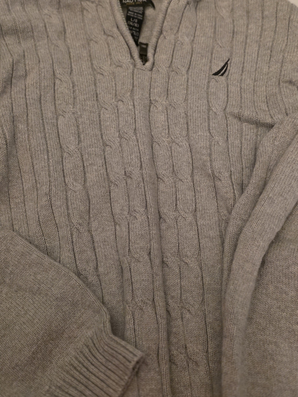 Nautica Gray Cable-Knit Zip V-Neck Sweater with Sail Logo